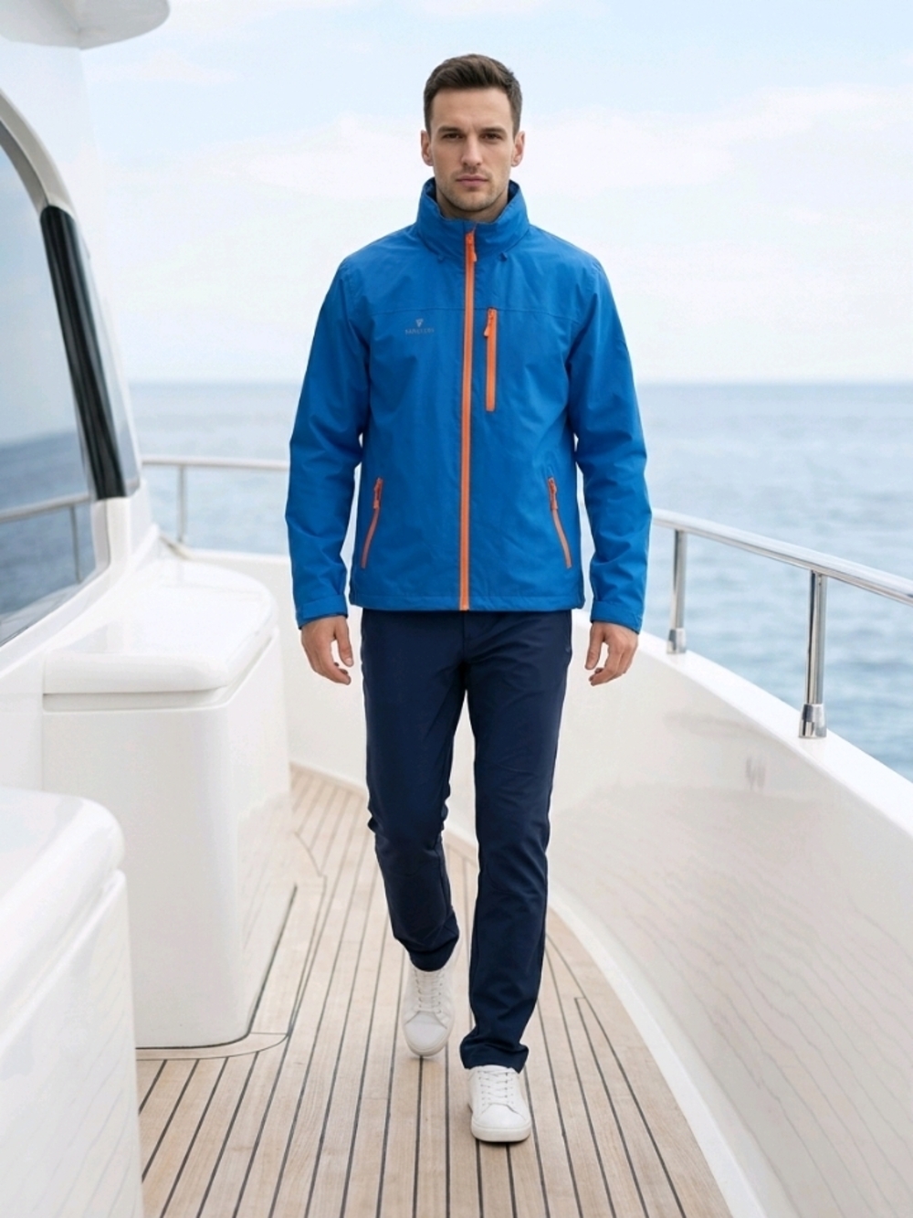 Blue Men's Waterproof Outdoor Jacket with Orange Zippers